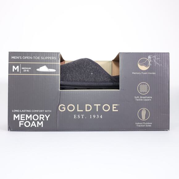 Gold Toe Mens Open Toe Memory Foam Slippers - Mens Medium (8-9) - Black - NIB - Picture 6 of 7